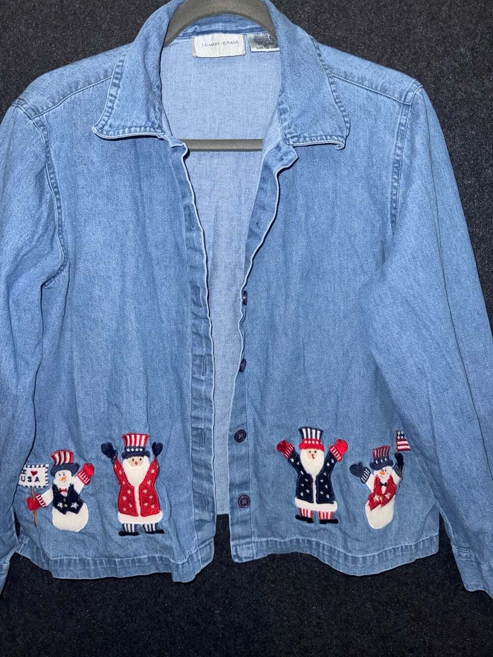 Lemon Grass Patriotic Christmas Embroidered Denim Button-Up Shirt